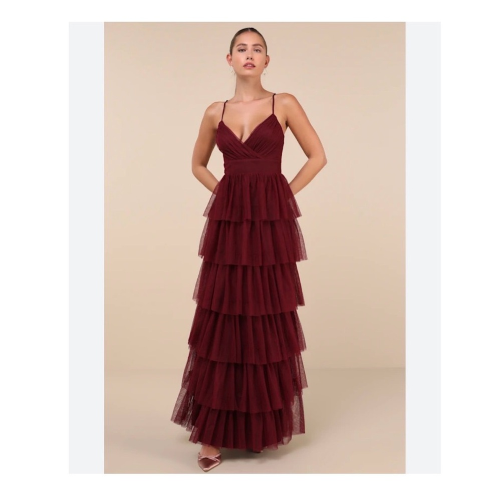 Lulu's Burgundy Tulle Layered Maxi Dress